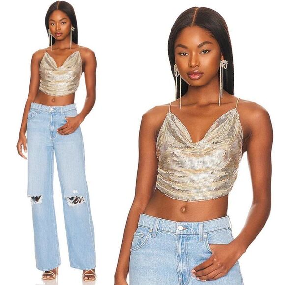 Alice + Olivia Tops - Alice + Olivia Sheena Drapey Slip Tank Crop Top in Pale Gold
